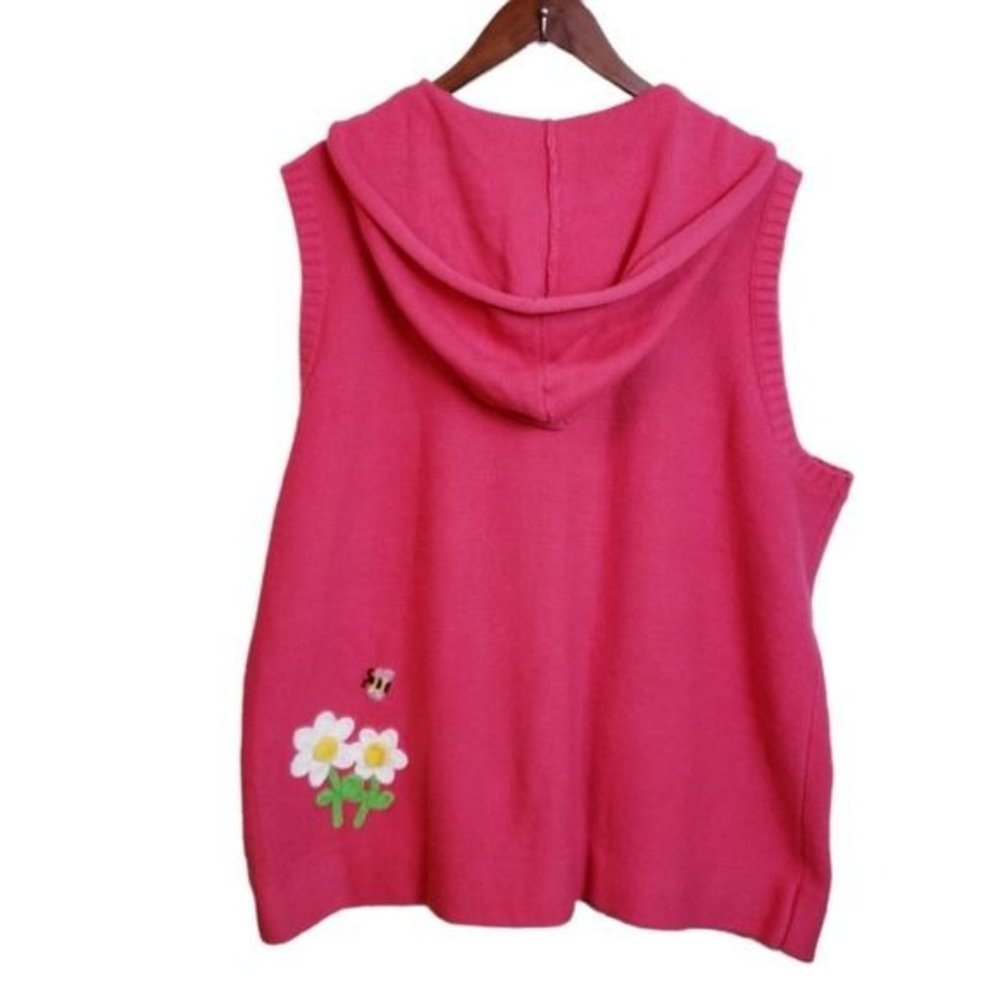 The Quacker Factory Womens Pink Daisy/Bee Embroidered Knit Top Vest Hoodie 2XL - Picture 4 of 12